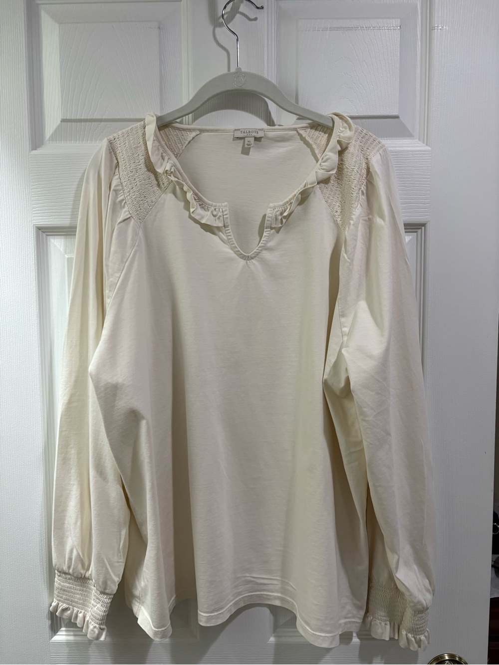 Talbots Cream Ruffle-Trim Long Sleeve Top
